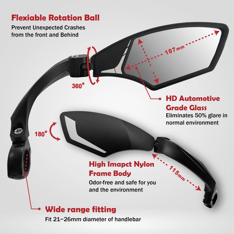 Hafny NEW Handlebar Bike Mirror, HD,Blast-resistant, E-bike Mirror, Glass Lens, HF-MR095 (Silver Right) - Image 2